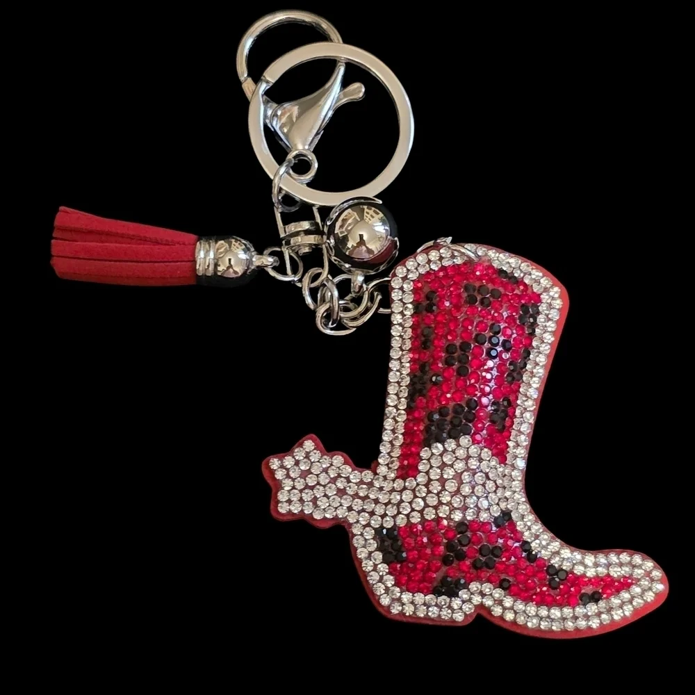 Rhinestone Cowboy Boot Bag Charm / Keychain – Red Western Glam